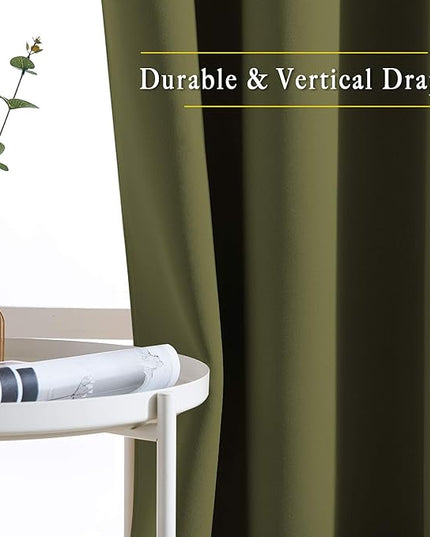 NICETOWN Short Blackout Curtains for Kitchen Window - Grommet Room Darkening Voice Reducing Solid Thermal Curtains & Drapes for Small Windows, Olive, W34 x L50, 2 Panels