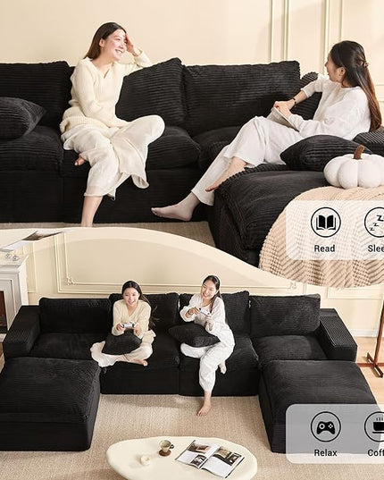 137.8” Sectional Couches for Living Room, Cloud Couch, Modular Sectional Sofa, Convertible Sofas Bed, Deep Seat Sofa, U Shaped Cozy Sofa Furniture Set, Corduroy, Black