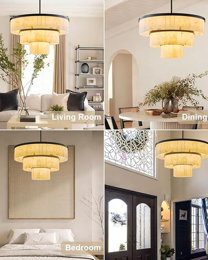 D34.3 Round Alabaster Chandelier, 3-Tier Brass Marble High Ceiling Chandeliers, Modern Dining Room Chandeliers Living Room Light for Entryways, Foyer, Stair, Kitchen Black(Include Bulbs)