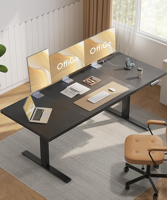 OffiGo Electric Standing Desk with 3-Piece Board, 79 Inch Height Adjustable Large Desk with Power Outlets, Sit Stand Table, Writing Computer Desk for Home, Office, Workstation, Black