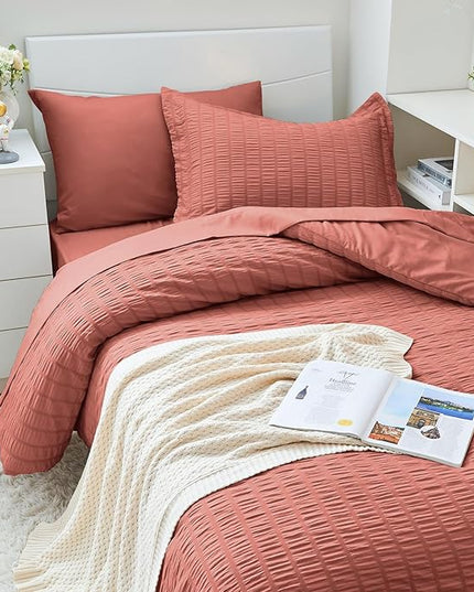 HYMOKEGE Coral Twin XL Comforter Set Seersucker 5 Pieces, All Season Luxury Bed in a Bag for Bedroom, Bedding Set with Comforter, Sheets, Pillowcase & Sham
