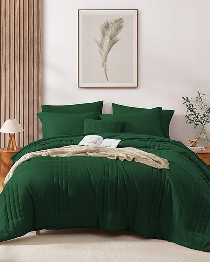 Monbix Full Comforter Set - 7 Pieces Emerald Green Bed in a Bag Full Size Bedding Sets with Comforters, All Seasons Comforter with Sheets, Pillowcases & Shams