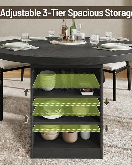 59'' Extendable Dining Table for 4-8, Round Kitchen Room Table with 3-Tier Storage Racks, Adjustable Shelves, Wooden Pedestal Base, for Kitchen, Dinner, Living Room, Office, Black