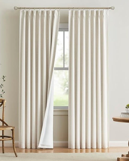 Vision Home Natural Pinch Pleated Full Blackout Curtains Linen Blended Room Darkening Window Curtains 95 inch for Living Room Bedroom Thermal Insulated Pinch Pleat Drapes with Hooks 2 Panel 40"Wx95"L