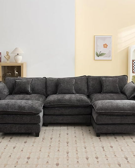 111'' Sectional Cloud Deep Seat Couch, Oversized Chenille U Shaped Sectional Sofa for Living Room Set, Comfy Upholstered Modular 5-Seats Sectional Sofa Couch with 2 Movable Ottoman, Dark Grey