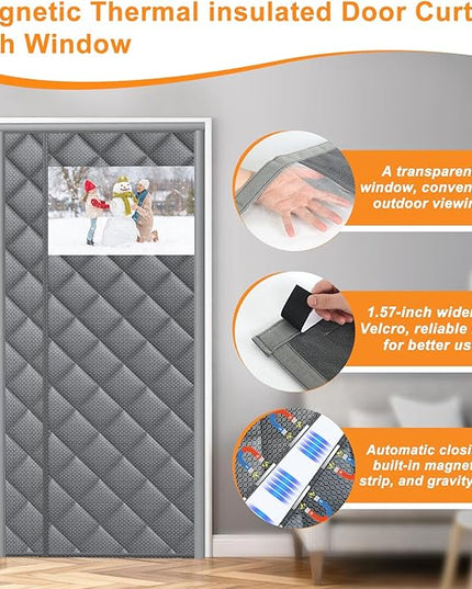 Magnetic Thermal Insulated Door Curtain Fit 34" X 80" with Clear Window, Thermal Door Cover for Winter Thicken Oxford Cloth and Cotton Automatic Insulation Cover Blanket for Winter