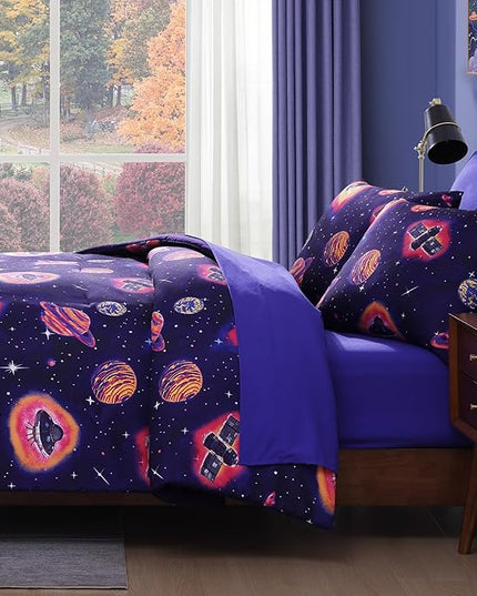 Twin Comforter Set for Boys-5 Pieces Space Rocket Twin Bedding Sets for Kids, Ultra Soft Bed in A Bag with Sheets