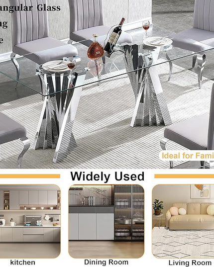 Goujxcy 70" Modern Glass Dining Table for 6-8, Luxury Silver Glass Dining Room Table with Mirrored Flash-Shape Stainless Steel Base, Rectangle Kitchen Dinner Tables for Dining Room Kitchen