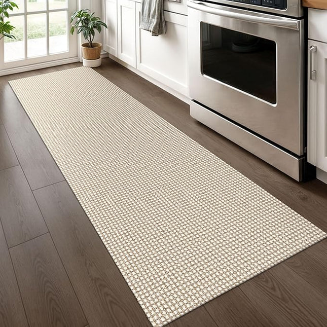 KOZYFLY Runners for Hallways 2x6 ft Washable Kitchen Runner Non Slip Rubber Backed Hall Runners Cotton Entryway Runner Rugs Floor Carpet for Indoor Backdoor Bedroom Kitchen, Ivory/Khaki