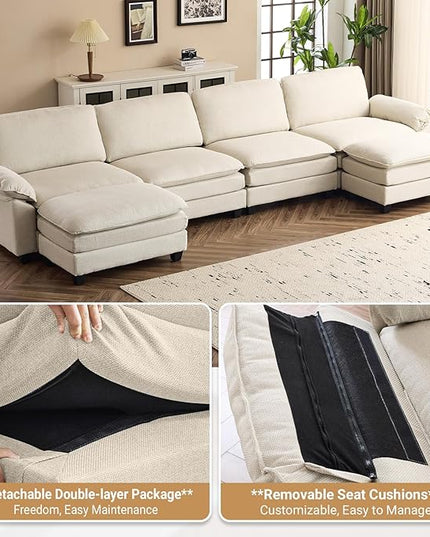 VINGLI 156" Cloud Couch, Comfy Modular Sectional Sofa Set for Living Room,U-Shaped Linen 4-Seat Convertible Loveseat Sofa with 2 Ottoman for Small Space.(Beige)
