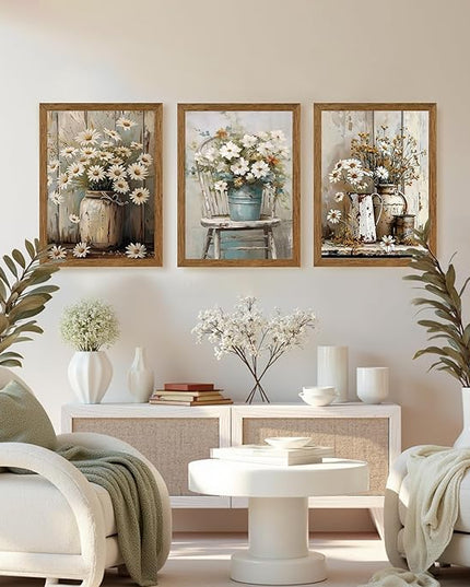 DUWQU 3 Piece Framed Elegant Farmhouse Canvas Wall Art, Vintage Floral Pictures Art Wall Decor, Nature Themed Daisy Art Prints for Living Room Bedroom Kitchen and Office Ready to Hang 16×24 Inches