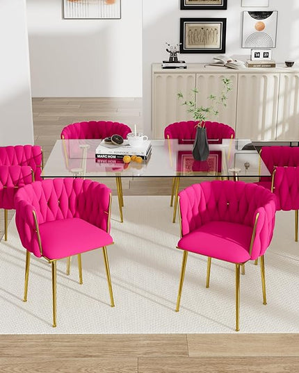 Modern Gold Glass Dining Table Set for 6, 51'' Clear Minimalist Glass Top Rectangular Dinner Table Set, 7 PCS Small Luxury Kitchen Table Set, Rose Red Woven Chair for Apartment Living Room
