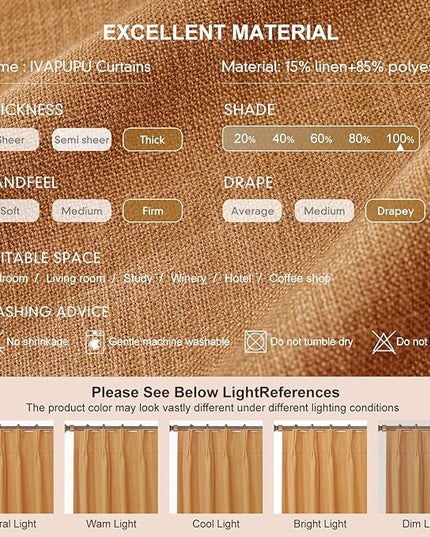 IVAPUPU Linen Pinch Pleated Blackout Curtains for Bedroom - Full Black Out Gold Curtains 90 Inch 2 Panels Set for Living Room Darkening Thermal Window Curtain Drapes with 16pc Hooks