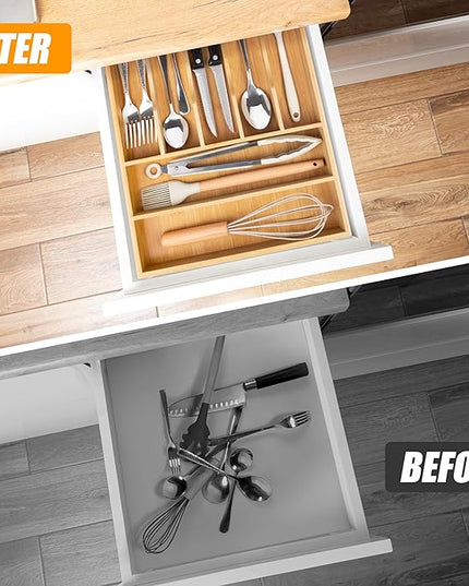 Bellsal Bamboo Silverware Drawer Organizer, Kitchen Utensil Drawer Organizers, 12"x15.7" Utensils Holder Cutlery Tray with Grooved Drawer Dividers for Kitchen Flatware Bedroom Office(7 Slot, Natural)