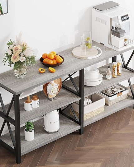 LVB Industrial Entryway Table, Farmhouse Rustic Console Table Behind Couch, Long Metal Wooden Sofa Table with Storage Shelf, Modern Foyer Hallway for Living Room Bedroom, Light Grey Oak, 63 in