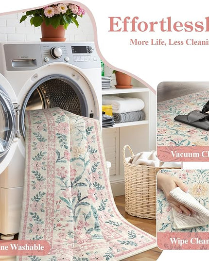 Wonnitar 8x10 Washbale Rugs for Living Room, Boho Pink Room Decor for Girls Bedroom, 8 x 10 Soft Non Slip Low Pile Indoor Floral Carpet for Kids Room Playroom Toddler Nursery