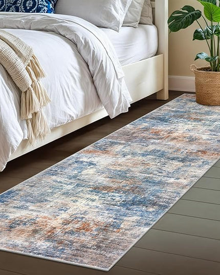 IOHOUZE Abstract Runner Rug 2x7 Ft Washable Runners for Hallways, Non Slip Kitchen Runner Printed Faux Wool Entryway Runners Indoor, Modern Abstract Floor Carpet for Hall Kitchen Bedroom, Blue Rust
