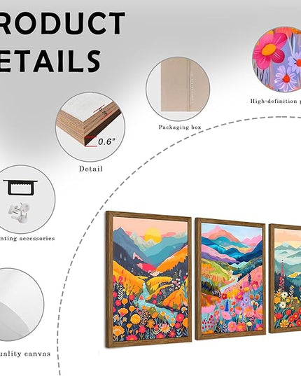 InspiredHues Colorful Mountain Boho Canvas Wall Art Set, 3 Piece Watercolor Flower Picture Wall Decor, Abstract Nature Landscape Artwork Prints for Living Room Bedroom Office 16x24 In Wood Framed
