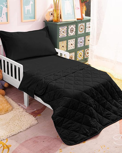 NTBAY Toddler Bedding Set - 4 Piece Soft and Breathable Crib Bedding Set for Boys and Girls, Includes Quilted Comforter, Fitted Sheet, Flat Top Sheet and Envelope Pillowcase, Black