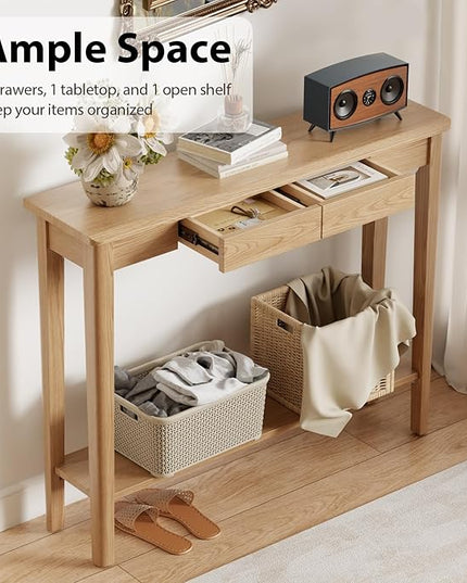 AQIMUELE Wood Console Table with Drawers, Mid Century Modern Console Table Walnut for Entryway, Living Room, Hall Way.