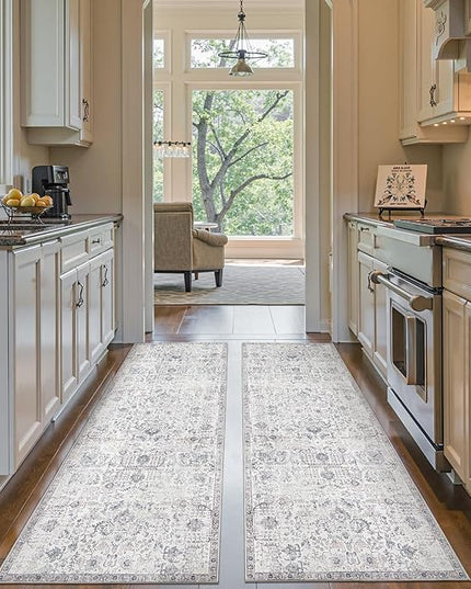 jinchan Kalen Runner Rug 3x10-2pcs Washable Hallway Rug Vintage Indoor Thin Retro Floor Cover Distressed Gray Floral Country Lightweight Non Slip Carpet for Entryway Bathroom Kitchen Bedroom Grey