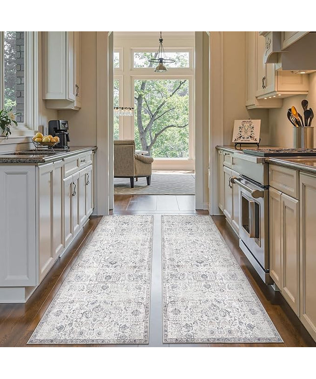 jinchan Kalen Runner Rug 3x10-2pcs Washable Hallway Rug Vintage Indoor Thin Retro Floor Cover Distressed Gray Floral Country Lightweight Non Slip Carpet for Entryway Bathroom Kitchen Bedroom Grey