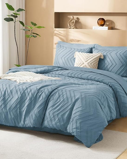 Litanika Super King Plus Size Comforter Set with Sheets Grayish Blue - 7 Pieces Bed in a Bag Oversized King Boho Tufted Complete Bedding Sets with Comforter, Sheets, Pillowcases & Shams