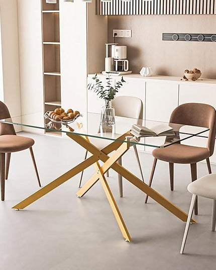 60" Rectangular Glass Dining Table Modern Kitchen Glass Top Table for 6 with Gold Metal Legs, Clear Dining Table Kitchen Table for Home Office Dining Room