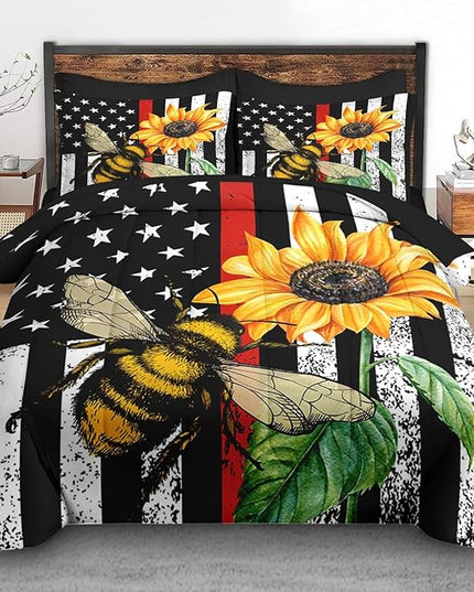 Comforter Set Twin Size, Honey Bee Vintage 5 Pcs Bedding for Kids and Adults, Sunflower Flower Sun Bed Sheet Sets with Fitted Sheet Pillowcase & Sham for Bedroom Bed Decor