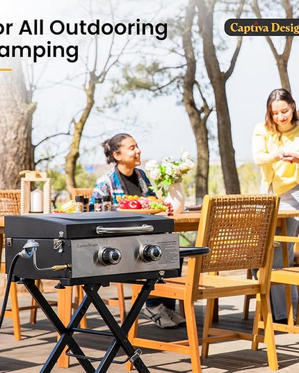 Captiva Designs 17 Inch 2 Burner Portable Propane Gas Griddle Grill with Lid, Outdoor Foldable Flat Top Grill with Stand for Barbecue, Camping and Tailgating