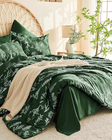 MUXHOMO Dark Green King Comforter Set, Elegant Floral Print Bed in a Bag 7 Pieces, Ultra Soft & Breathable Reversible Botanical Pattern Bedding Set with Comforter, Sheets, Pillowcases, and Shams