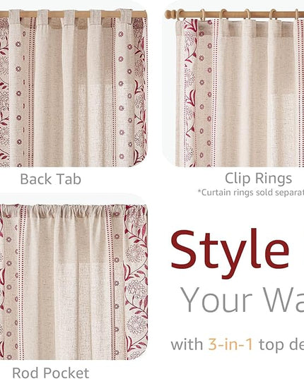 jinchan Christmas Curtains for Bedroom 84 Inches Length Embroidered Bordered Floral Curtains for Living Room Farmhouse Decor Light Filtering Window Treatments Red on Beige Drapes 2 Panels