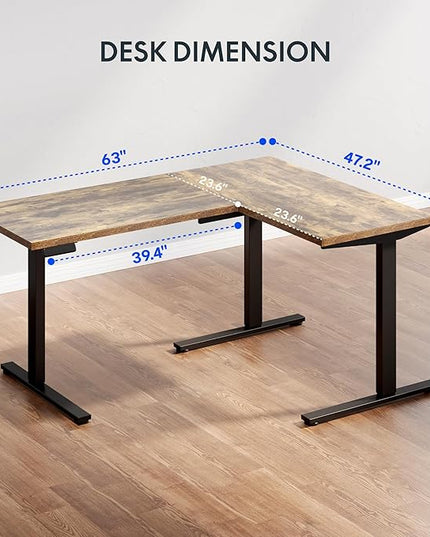 FLEXISPOT L Shaped Standing Desk, 63 x 47 Inch Electric Height Adjustable Corner Desk, Sit Stand Computer Workstation, Preset Controller, Home Office, Black Frame with Rustic Brown Top
