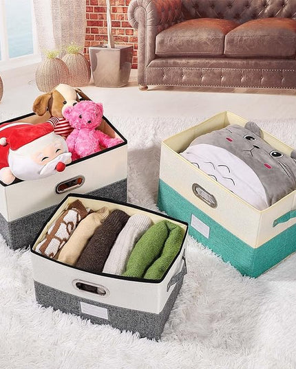 Large Linen Fabric Foldable Storage Bins with Removable Lid and Handles, Washable Storage Box Organizer Containers Baskets Cube with Cover for Bedroom,Closet,Office (Black&White, Medium)