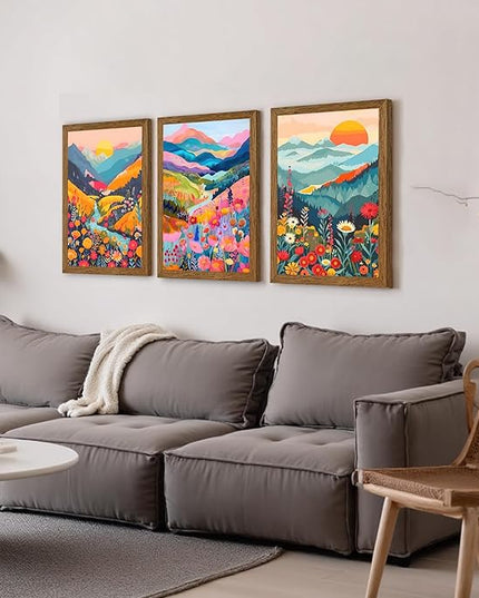 InspiredHues Colorful Mountain Boho Canvas Wall Art Set, 3 Piece Watercolor Flower Picture Wall Decor, Abstract Nature Landscape Artwork Prints for Living Room Bedroom Office 16x24 In Wood Framed