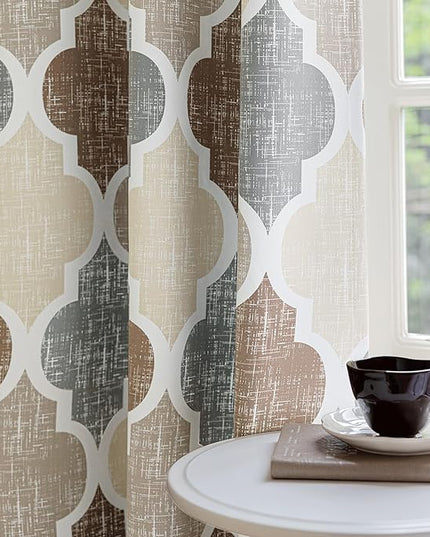 Beauoop 100% Blackout Curtains 63 Inches Long 2 Panels for Bedroom Living Room Brown Grey Moroccan Geo Room Darkening Thermal Insulated Soundproof Grommet Top Window Treatments Drapes, 50x63 Set of 2