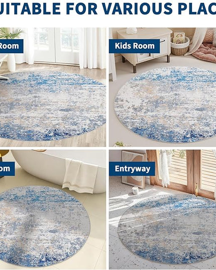 Modern Abstract 4x4 Round Area Rug Non Slip Non Shedding Rug Low Pile Stain Resistant for Bedroom Living Room Office Dining Room,Blue/Grey