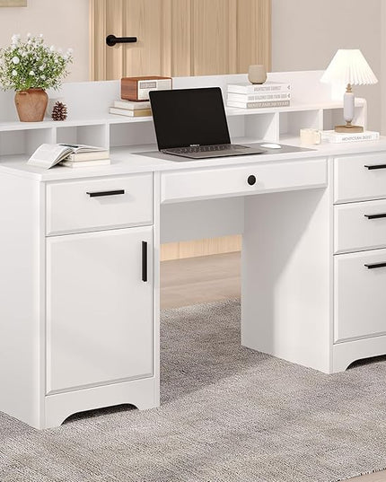 Executive Desk with Hutch, 58 Inch White Computer Desk with 5 Drawers, Home Office Desk with Storage, Rustic Desk with Adjustable Shelves and Storage Cabinet for Bedroom