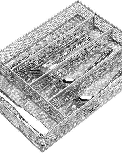 JANE EYRE Drawer Organizer, Cutlery Tray Silverware Flatware Storage Divider for Kitchen, Mesh Wire with Non-slip Foam Feet, 5 Component, Silver