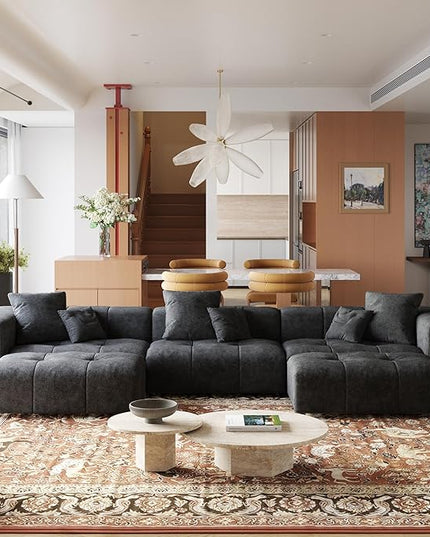 JACH 144.1 Inch U-Shaped Modular Sofa, Mid Century Modern Deep Seat Sectional Couch, 3-Seater Sofas with Chaise Ottomans for Living Room, Cozy Sofas for Apartment, Living Room (Linen Fabric, Black)