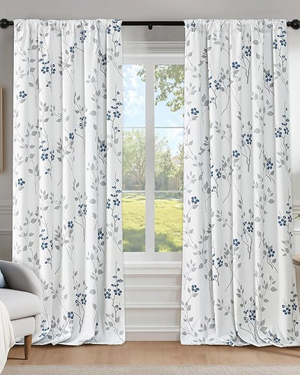 Beauoop Floral 100% Blackout Curtains 96 Inches Long 2 Panels for Bedroom Living Room Blue Grey and White Flower Patterned Room Darkening Thermal Soundproof Rod Pocket Back Tab Window Drapes, 52X96