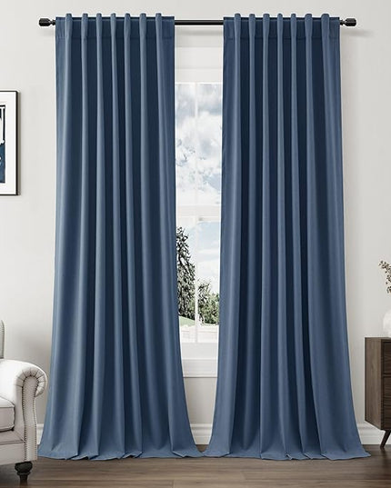 Guken Blackout Curtains 96 Inch Length 2 Panels Set for Living Room Bedroom Back Tab Thermal Insulated 100% Black Out Linen Drapes Room Darkening Window Curtains 96 Inches Long,Denim Blue
