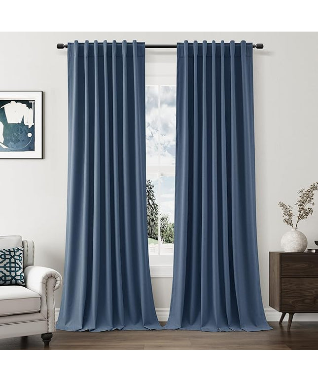 Guken Blackout Curtains 96 Inch Length 2 Panels Set for Living Room Bedroom Back Tab Thermal Insulated 100% Black Out Linen Drapes Room Darkening Window Curtains 96 Inches Long,Denim Blue