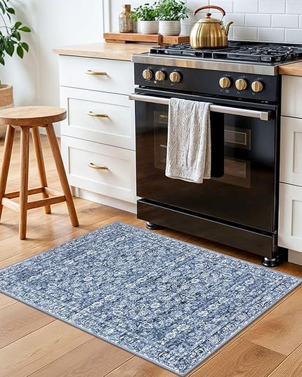 2x3 Washable Rugs for Entrance, Blue Soft Distressed Floral Area Rug, Non-Slip Low-Pile Doormat for Entryway, Dorm, Bedside, Foyer, Indoor Door Mat