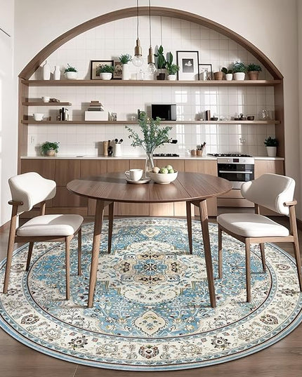 Ciicool Washable Area Rug Round 6’x6’ Boho Bedroom Rug Non-Slip Oriental Carpet Throw Rug Low-Pile Indoor Floor Carpet for Dining Room Living Room Laundry Foyer Decor (Vintage Blue)