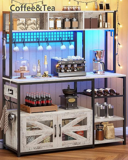 Itaar 47.2 Inch Bakers Rack with Power Outlet, Microwave Stand with Storage, Farmhouse Coffee Bar Cabinet Station with Wine Rack, Iron Mesh and 8-S Hooks, Vintage White