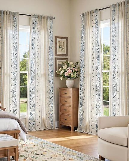 jinchan Winslow 96 Inch Curtains 4 Panel Set Embroidered Bordered Floral Curtains for Living Room Farmhouse Decor Light Filtering Window Treatments Blue on Beige Drapes 4 Panels