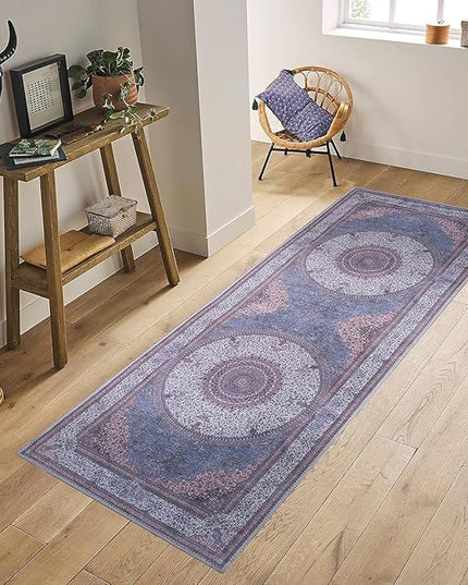 GLN Rugs Traditional Collection - Machine Washable Area Rug, Traditional Washable, Non Slip, Low Pile Chenille Rug, Living Room, Bedroom, Kitchen Rug (3'x5'2" Navy/Off White)