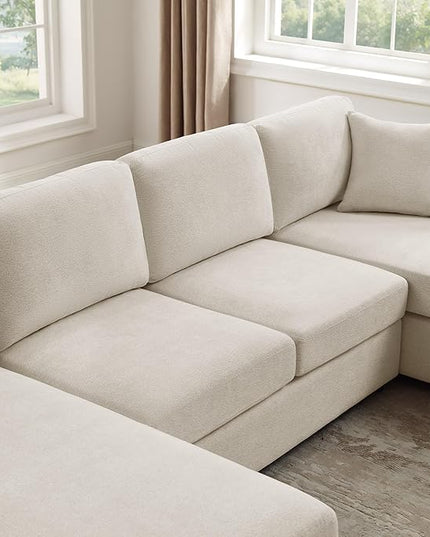 VANOMi 118'' U Shaped Sectional Sofa, 4 Seat Modern Sectional Couch, Double Chaise Longue, Cozy Chenille Sofa Couches for Living Room Apartment, Beige