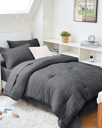HYMOKEGE Twin XL Comforter Set Seersucker 5 Pieces, All Season Luxury Bed in a Bag for Bedroom, Bedding Set with Comforter, Sheet, Pillowcase & Sham, Dark Grey